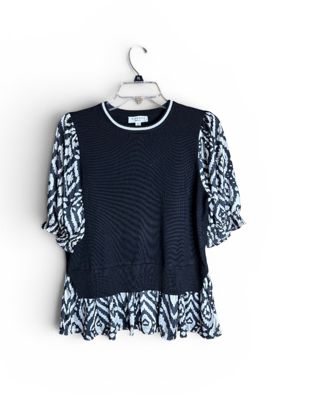 Rio & Rian Black Waffle Knit Ikat Puff Sleeve Peplum Top M